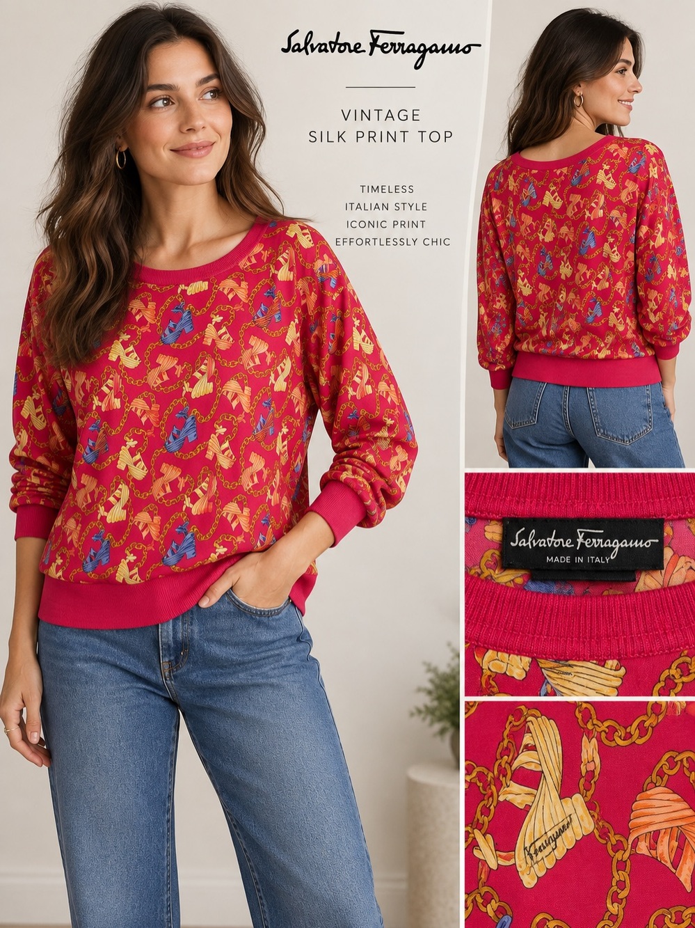 Salvatore Ferragamo Vintage 100% Silk Knit Trim Blouse Shoe Graphic M